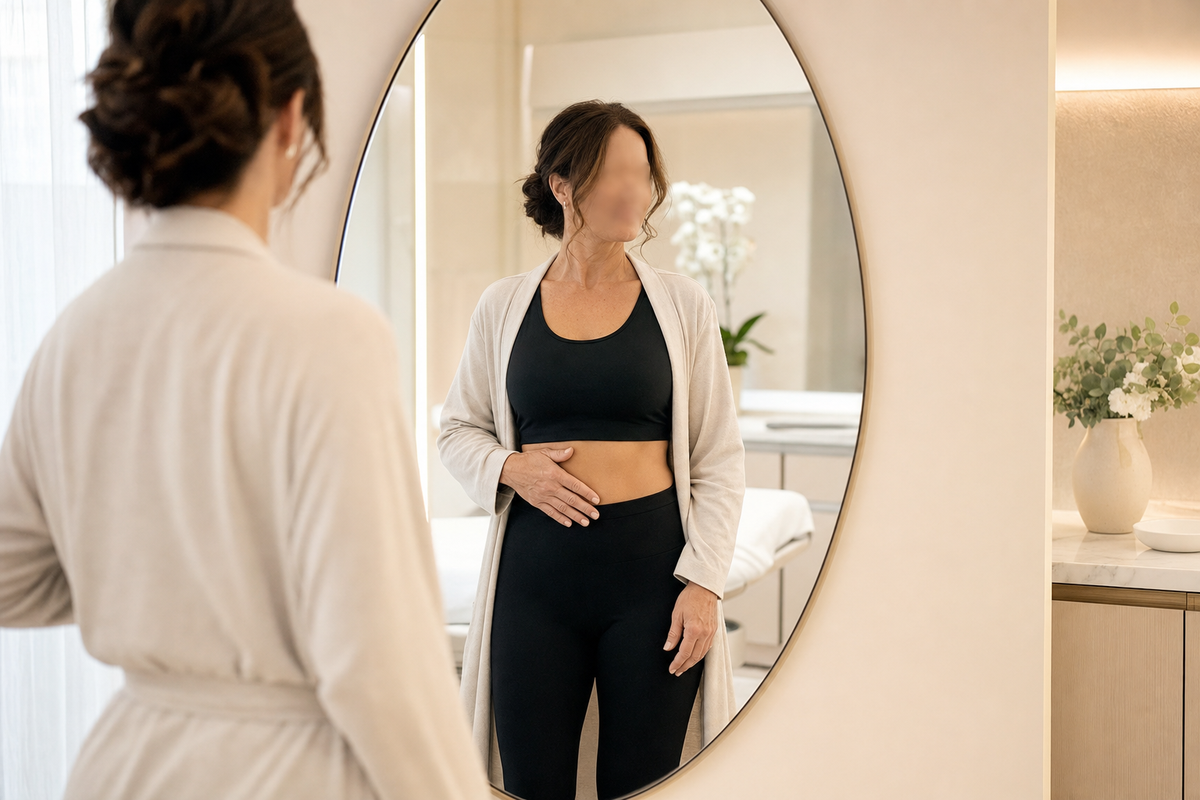 Mulher em ambiente de clínica premium a observar serenamente o corpo ao espelho, representando confiança e preparação corporal para o verão.