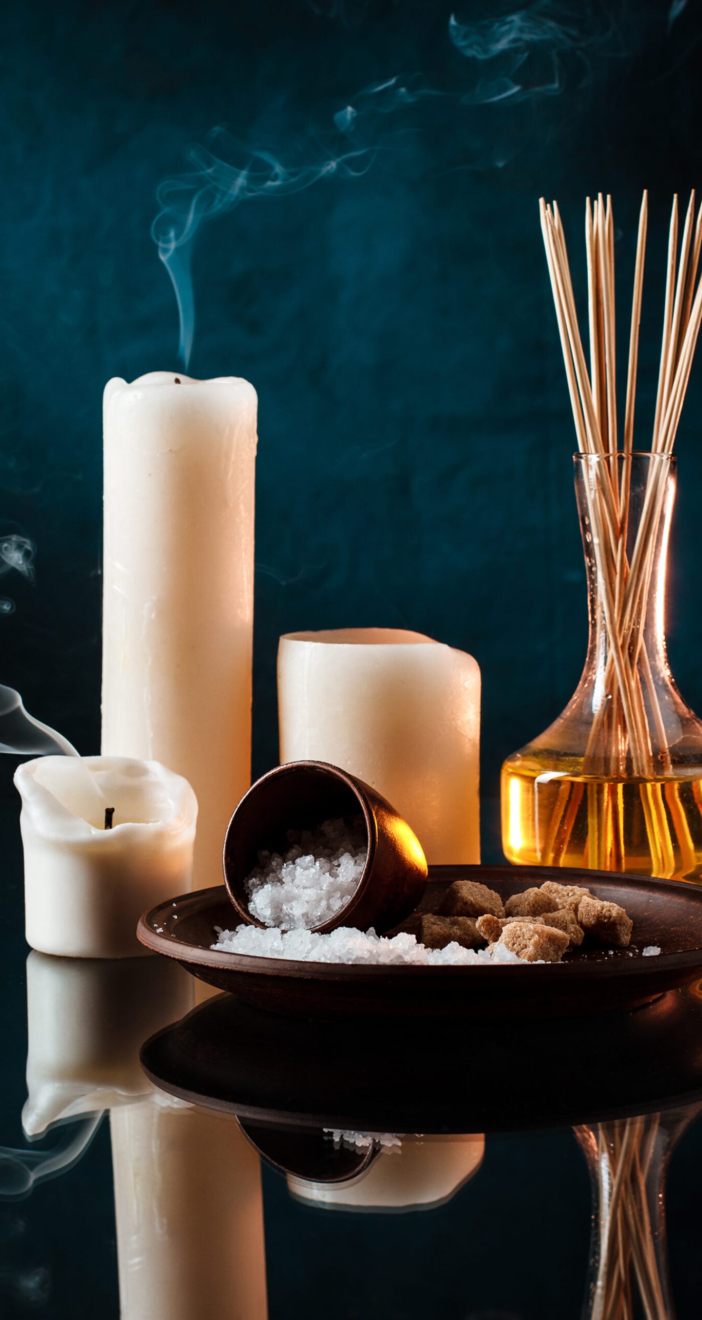 Set of spa treatment over dark background. Copy space.