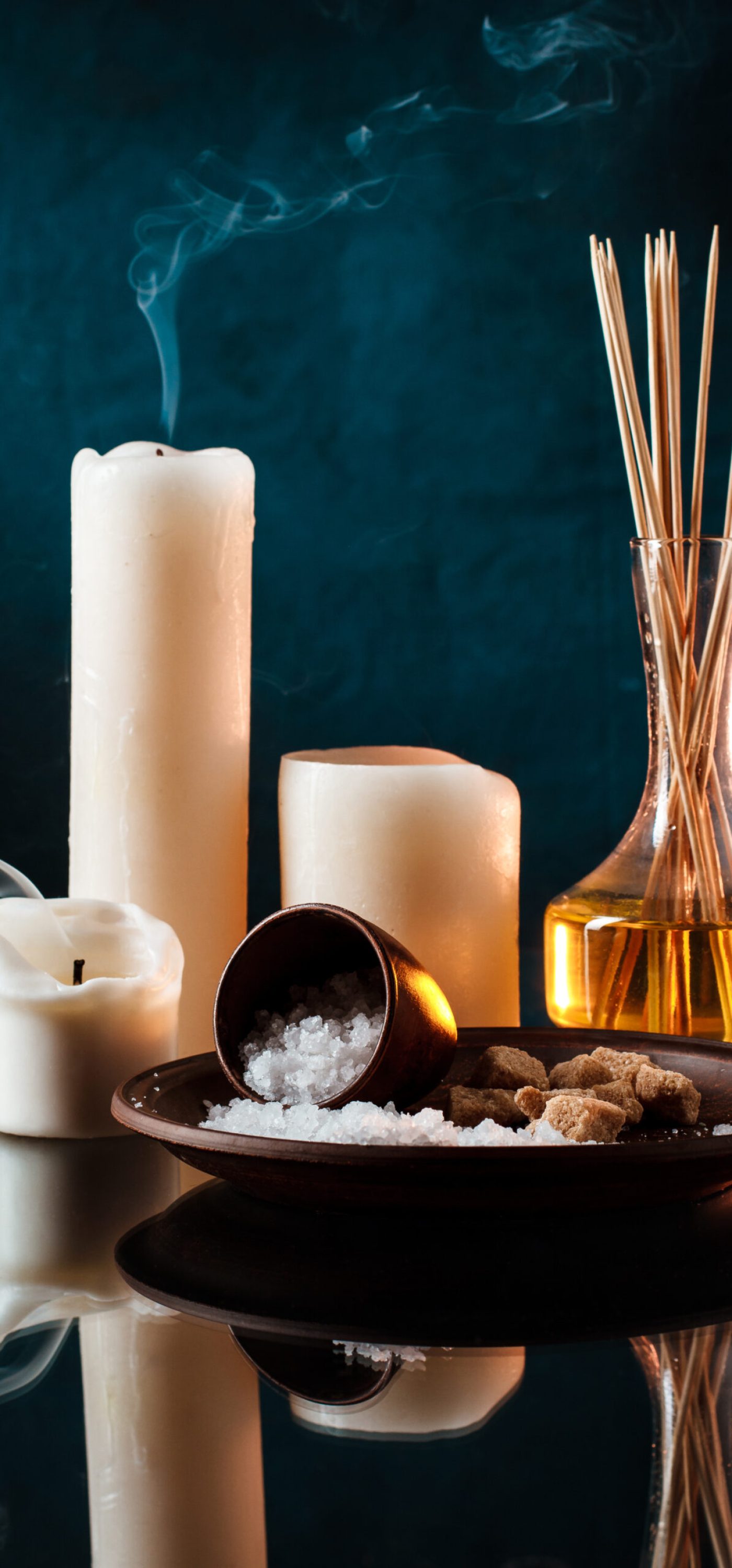 Set of spa treatment over dark background. Copy space.